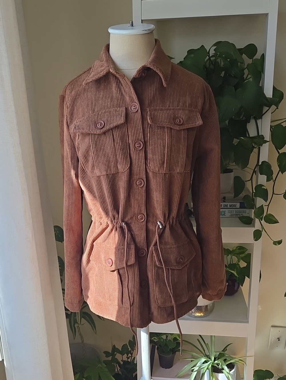 SHEIN Rust Corduroy Utility Jacket with Drawstring Waist